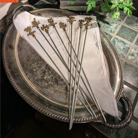 8 Vintage MCM Grecian Minoan 16" Solid Brass & Steel BBQ Shish Kebab Skewer Set - Picture 4 of 9